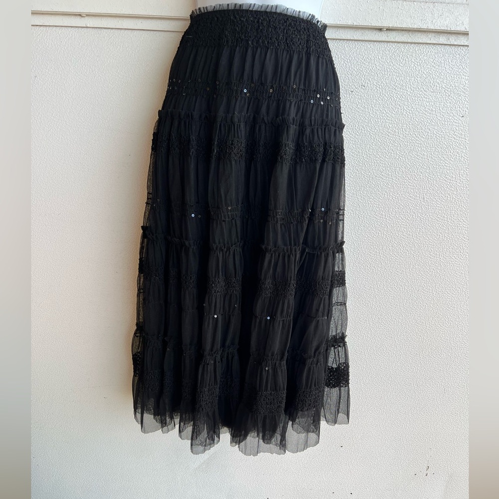 Max Studio Vintage Chiffon Toole Mesh Lace Sequin Broomstick Maxi Skirt Black M